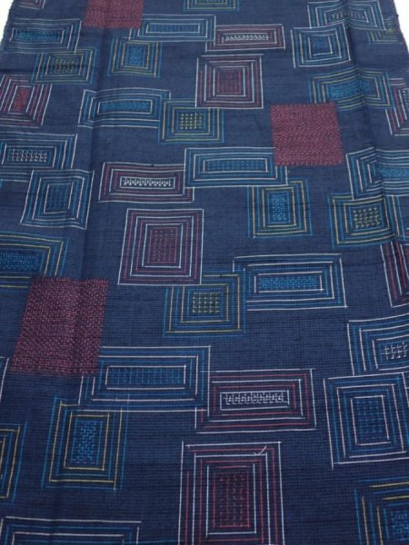 Photo1: 1H06z70  Japanese Kimono Silk TSUMUGI FABRIC  Dark navy 62.2x14.6 (1)