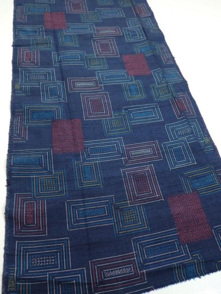 Photo2: 1H06z70  Japanese Kimono Silk TSUMUGI FABRIC  Dark navy 62.2x14.6 (2)