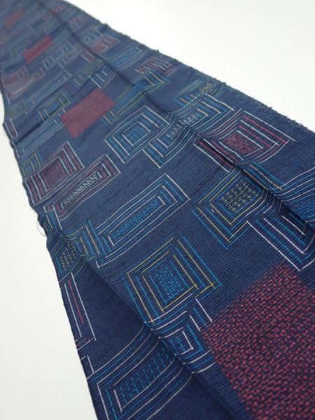 Photo1: 1H07z40  Japanese Kimono Silk TSUMUGI FABRIC  Dark navy 61.8x7.5 (1)