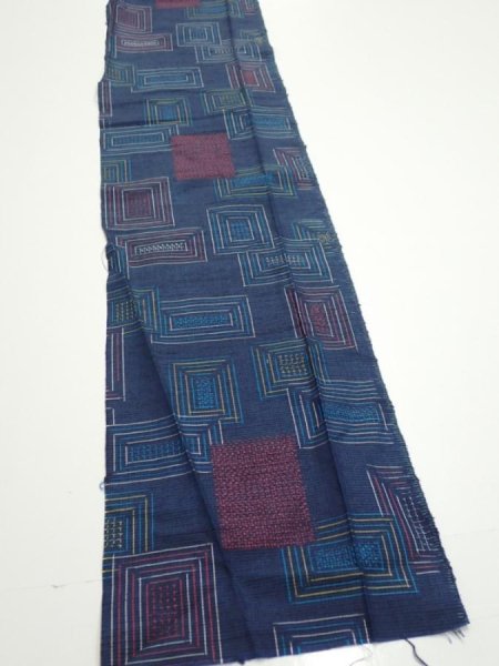 Photo2: 1H07z40  Japanese Kimono Silk TSUMUGI FABRIC  Dark navy 61.8x7.5 (2)