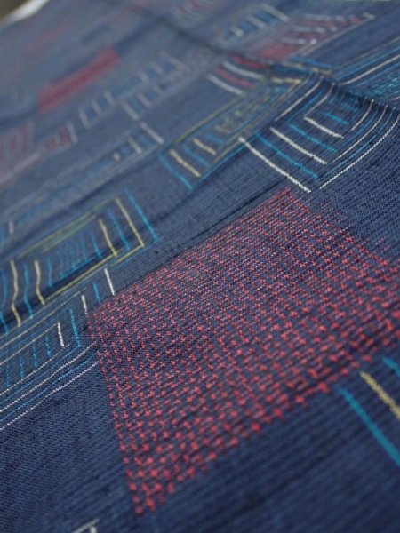 Photo4: 1H08z40  Japanese Kimono Silk TSUMUGI FABRIC  Dark navy 61.8x7.5 (4)