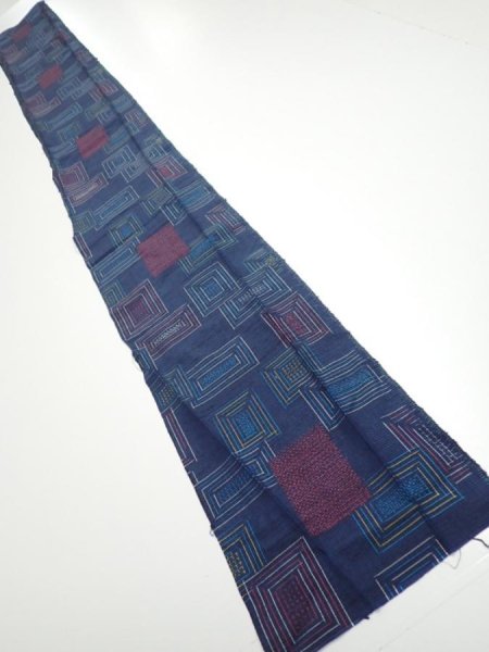 Photo5: 1H08z40  Japanese Kimono Silk TSUMUGI FABRIC  Dark navy 61.8x7.5 (5)
