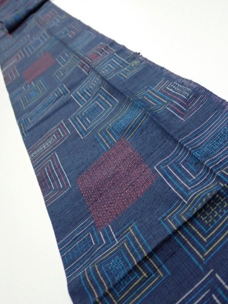 Photo1: 1H09z50  Japanese Kimono Silk TSUMUGI FABRIC  Dark navy 86.6x6.9 (1)