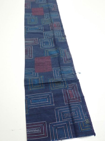 Photo2: 1H09z50  Japanese Kimono Silk TSUMUGI FABRIC  Dark navy 86.6x6.9 (2)