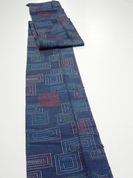 Photo3: 1H09z50  Japanese Kimono Silk TSUMUGI FABRIC  Dark navy 86.6x6.9 (3)