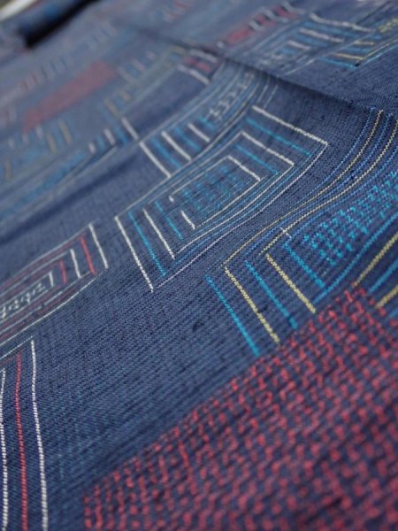 Photo4: 1H09z50  Japanese Kimono Silk TSUMUGI FABRIC  Dark navy 86.6x6.9 (4)