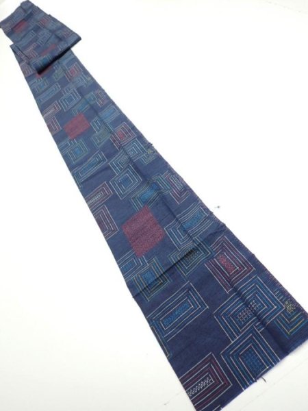 Photo5: 1H09z50  Japanese Kimono Silk TSUMUGI FABRIC  Dark navy 86.6x6.9 (5)