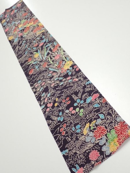 Photo5: 1H11z30  Japanese Kimono Crepe Silk  FABRIC Flowers Dark grape 37.0x7.3 (5)