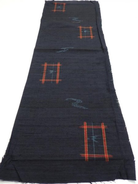 Photo5: 1H01z50  Japanese Kimono Silk TSUMUGI FABRIC Swallow  Navy-Black 41.7x14.2 (5)