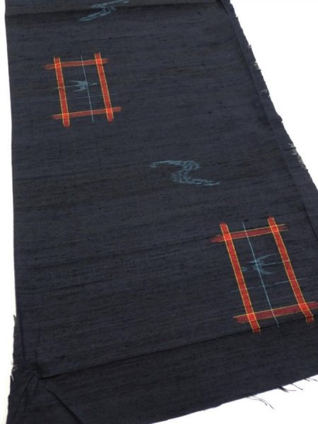 Photo2: 1H02z50  Japanese Kimono Silk TSUMUGI FABRIC Swallow  Navy-Black 41.3x14.4 (2)