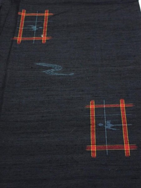 Photo1: 1H03z80  Japanese Kimono Silk TSUMUGI FABRIC Swallow  Navy-Black 64.6x14.2 (1)