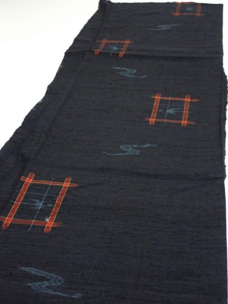 Photo3: 1H05z80  Japanese Kimono Silk TSUMUGI FABRIC Swallow  Navy-Black 65.0x14.2 (3)