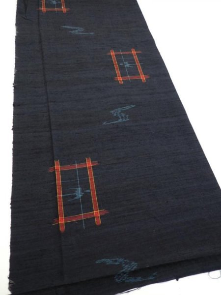Photo2: 1H06z80  Japanese Kimono Silk TSUMUGI FABRIC Swallow  Navy-Black 64.6x14.2 (2)