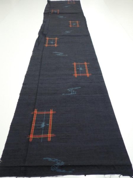 Photo5: 1H06z80  Japanese Kimono Silk TSUMUGI FABRIC Swallow  Navy-Black 64.6x14.2 (5)
