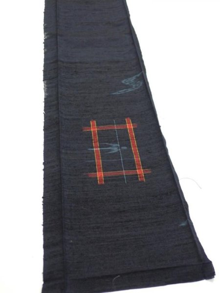 Photo2: 1H07z40  Japanese Kimono Silk TSUMUGI FABRIC Swallow  Navy-Black 57.5x7.5 (2)