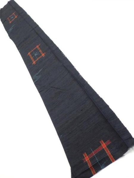 Photo6: 1H08z40  Japanese Kimono Silk TSUMUGI FABRIC Swallow  Navy-Black 57.5x7.5 (6)
