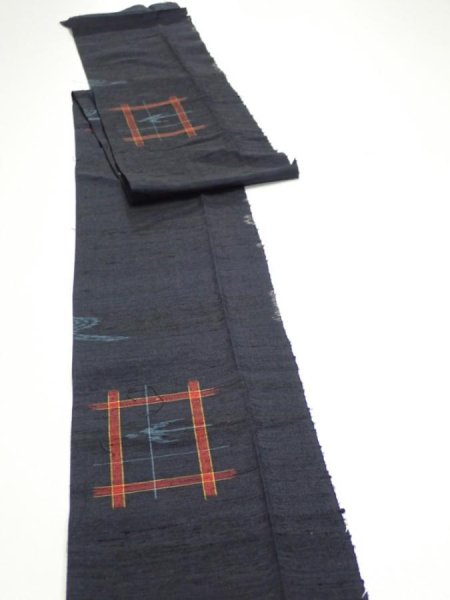 Photo3: 1H09z50  Japanese Kimono Silk TSUMUGI FABRIC Swallow  Navy-Black 80.7x6.7 (3)