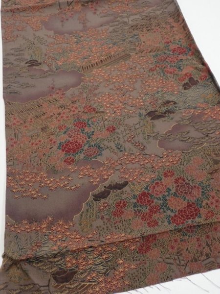 Photo2: 1H01z60  Japanese Kimono Silk  FABRIC Garden Brown-Gray 39.4x14.2 (2)