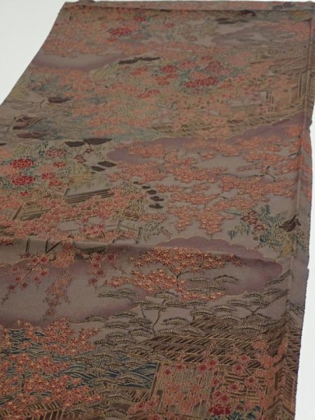 Photo3: 1H01z60  Japanese Kimono Silk  FABRIC Garden Brown-Gray 39.4x14.2 (3)