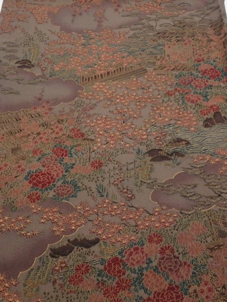 Photo1: 1H02z60  Japanese Kimono Silk  FABRIC Garden Brown-Gray 39.4x14.2 (1)