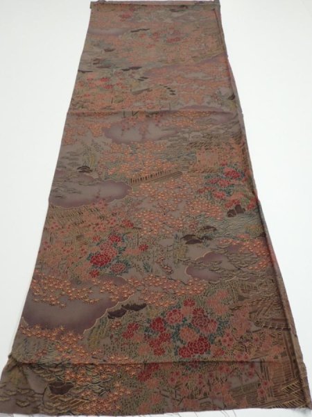Photo5: 1H02z60  Japanese Kimono Silk  FABRIC Garden Brown-Gray 39.4x14.2 (5)