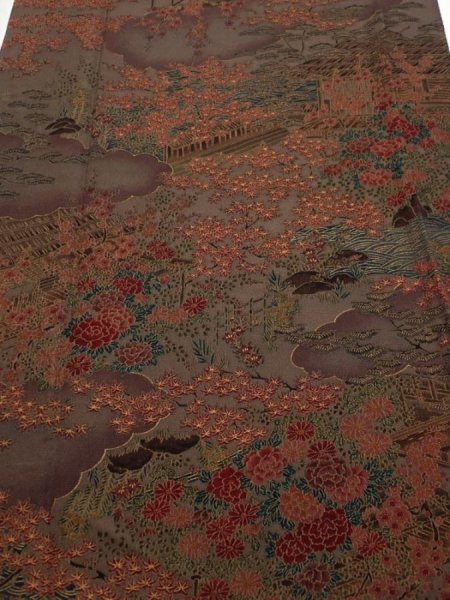 Photo1: 1H05z90  Japanese Kimono Silk  FABRIC Garden Brown-Gray 62.2x14.4 (1)