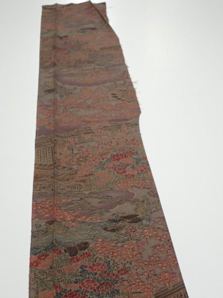 Photo3: 1H07z40  Japanese Kimono Silk  FABRIC Garden Brown-Gray 57.1x7.3 (3)