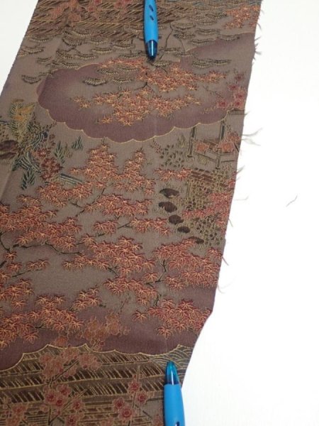 Photo5: 1H07z40  Japanese Kimono Silk  FABRIC Garden Brown-Gray 57.1x7.3 (5)