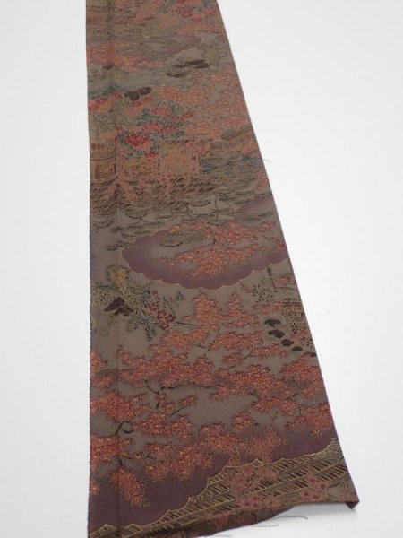 Photo2: 1H08z40  Japanese Kimono Silk  FABRIC Garden Brown-Gray 57.1x7.3 (2)