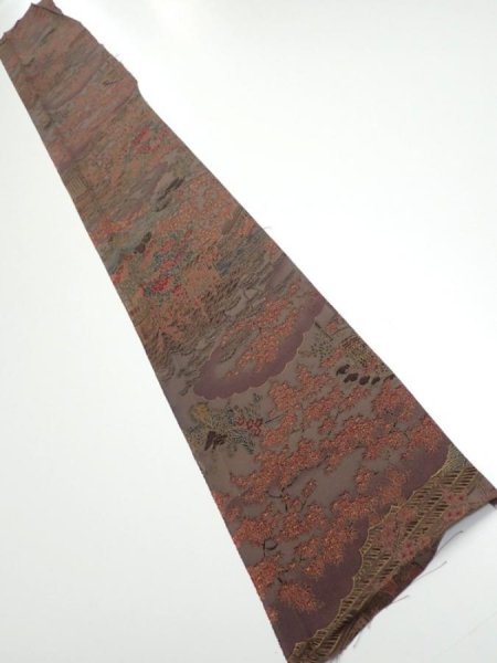 Photo5: 1H08z40  Japanese Kimono Silk  FABRIC Garden Brown-Gray 57.1x7.3 (5)