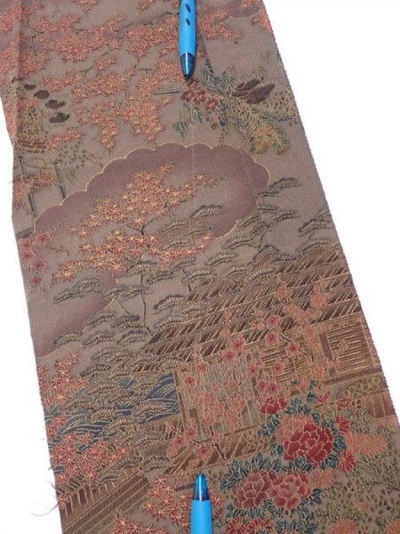 Photo6: 1H08z40  Japanese Kimono Silk  FABRIC Garden Brown-Gray 57.1x7.3 (6)