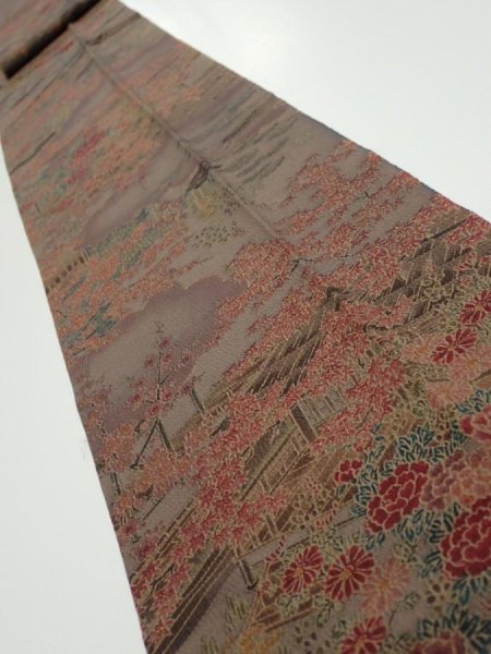 Photo1: 1H09z60  Japanese Kimono Silk  FABRIC Garden Brown-Gray 77.2x7.1 (1)