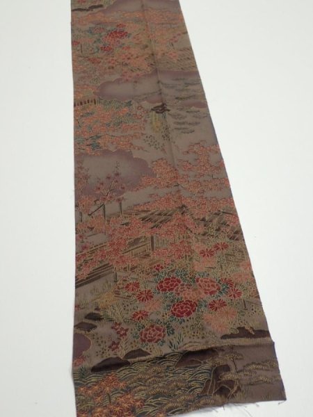 Photo2: 1H09z60  Japanese Kimono Silk  FABRIC Garden Brown-Gray 77.2x7.1 (2)