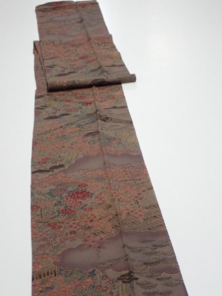 Photo3: 1H09z60  Japanese Kimono Silk  FABRIC Garden Brown-Gray 77.2x7.1 (3)