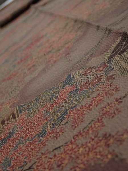 Photo4: 1H09z60  Japanese Kimono Silk  FABRIC Garden Brown-Gray 77.2x7.1 (4)