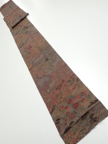 Photo5: 1H09z60  Japanese Kimono Silk  FABRIC Garden Brown-Gray 77.2x7.1 (5)