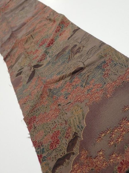 Photo2: 1H10z30  Japanese Kimono Silk  FABRIC Garden Brown-Gray 35.0x6.9 (2)