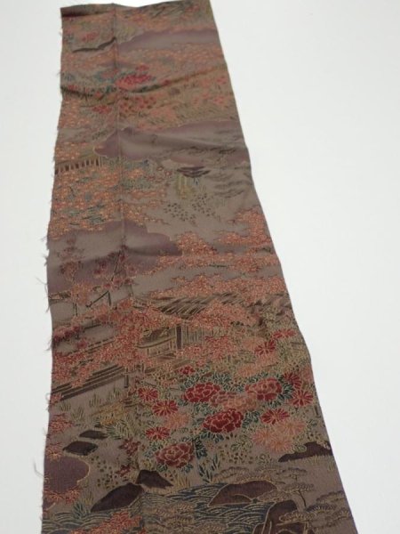 Photo3: 1H10z30  Japanese Kimono Silk  FABRIC Garden Brown-Gray 35.0x6.9 (3)