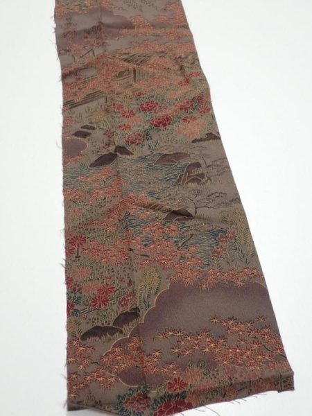 Photo4: 1H10z30  Japanese Kimono Silk  FABRIC Garden Brown-Gray 35.0x6.9 (4)