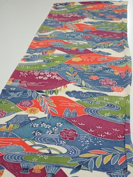 Photo3: 1H02z80  Japanese Kimono Crepe Silk  FABRIC Scenery Off-white 59.8x14.0 (3)