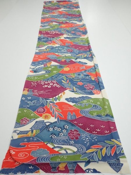 Photo5: 1H02z80  Japanese Kimono Crepe Silk  FABRIC Scenery Off-white 59.8x14.0 (5)