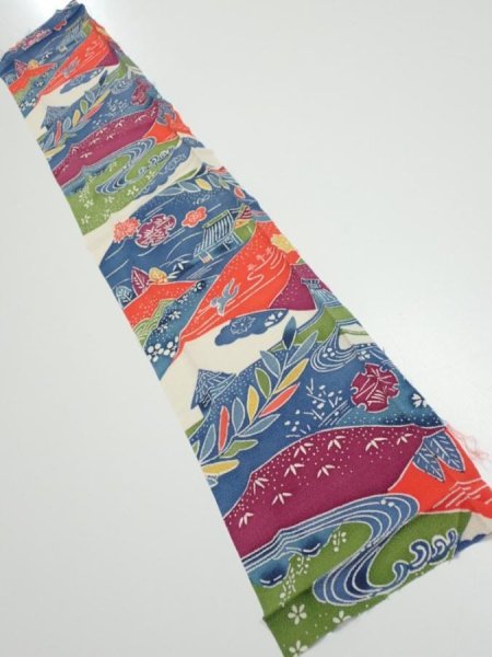 Photo1: 1H10z30  Japanese Kimono Crepe Silk  FABRIC Scenery Off-white 35.8x6.3 (1)