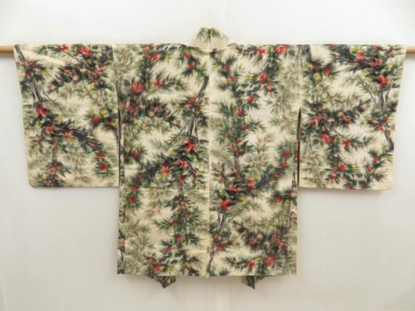 Photo1: 5405T03z390 Vintage Japanese Kimono Silk MEISEN HAORI Tree Sand beige (1)