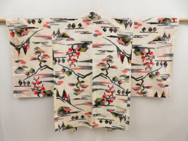 Photo1: 5405T04z390 Vintage Japanese Kimono Silk MEISEN HAORI Scenery Off-white (1)
