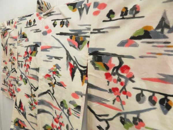 Photo2: 5405T04z390 Vintage Japanese Kimono Silk MEISEN HAORI Scenery Off-white (2)