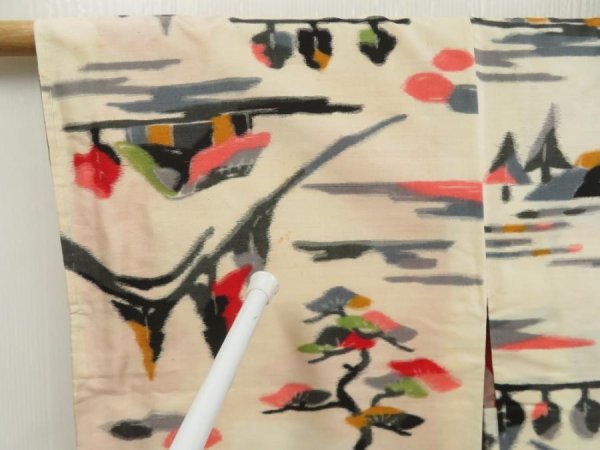 Photo5: 5405T04z390 Vintage Japanese Kimono Silk MEISEN HAORI Scenery Off-white (5)