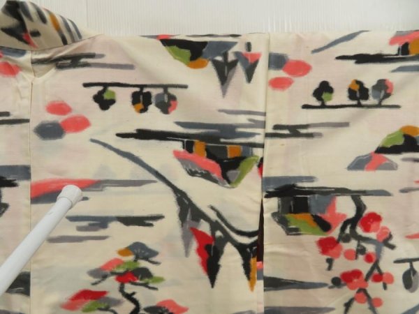 Photo6: 5405T04z390 Vintage Japanese Kimono Silk MEISEN HAORI Scenery Off-white (6)