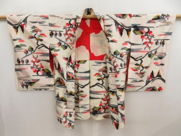 Photo7: 5405T04z390 Vintage Japanese Kimono Silk MEISEN HAORI Scenery Off-white (7)