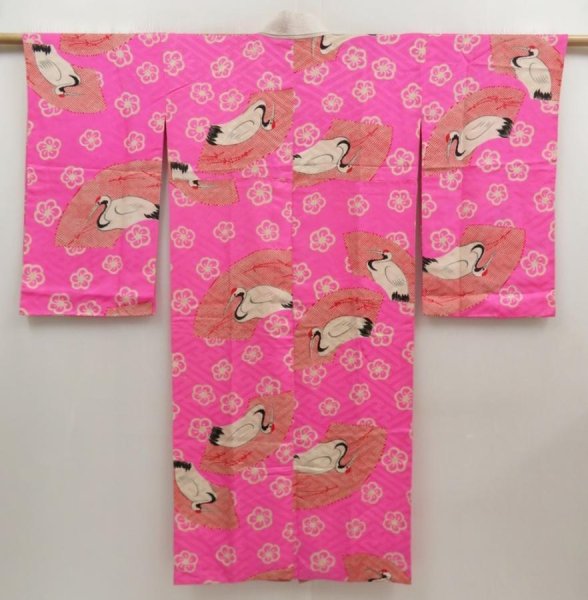 Photo1: 5405T05z470 Antique Japanese Kimono Silk JUBAN Crane Pink-Purple (1)