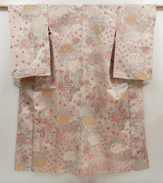 Photo1: 5405T07z510 Vintage Japanese Kimono Silk HITOE KOMON Peacock Sand beige (1)